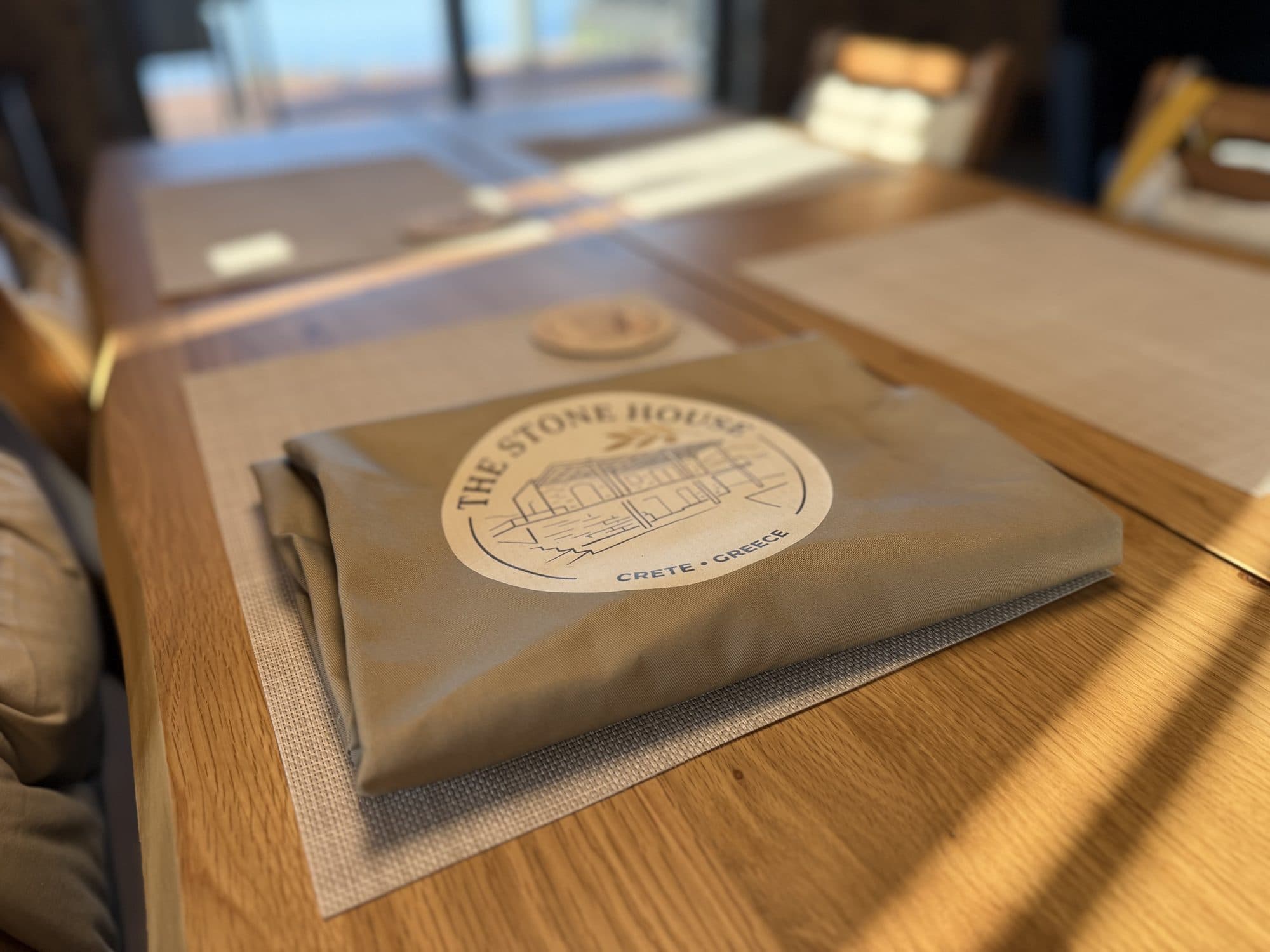 The Stone House linens on the oak kitchen table